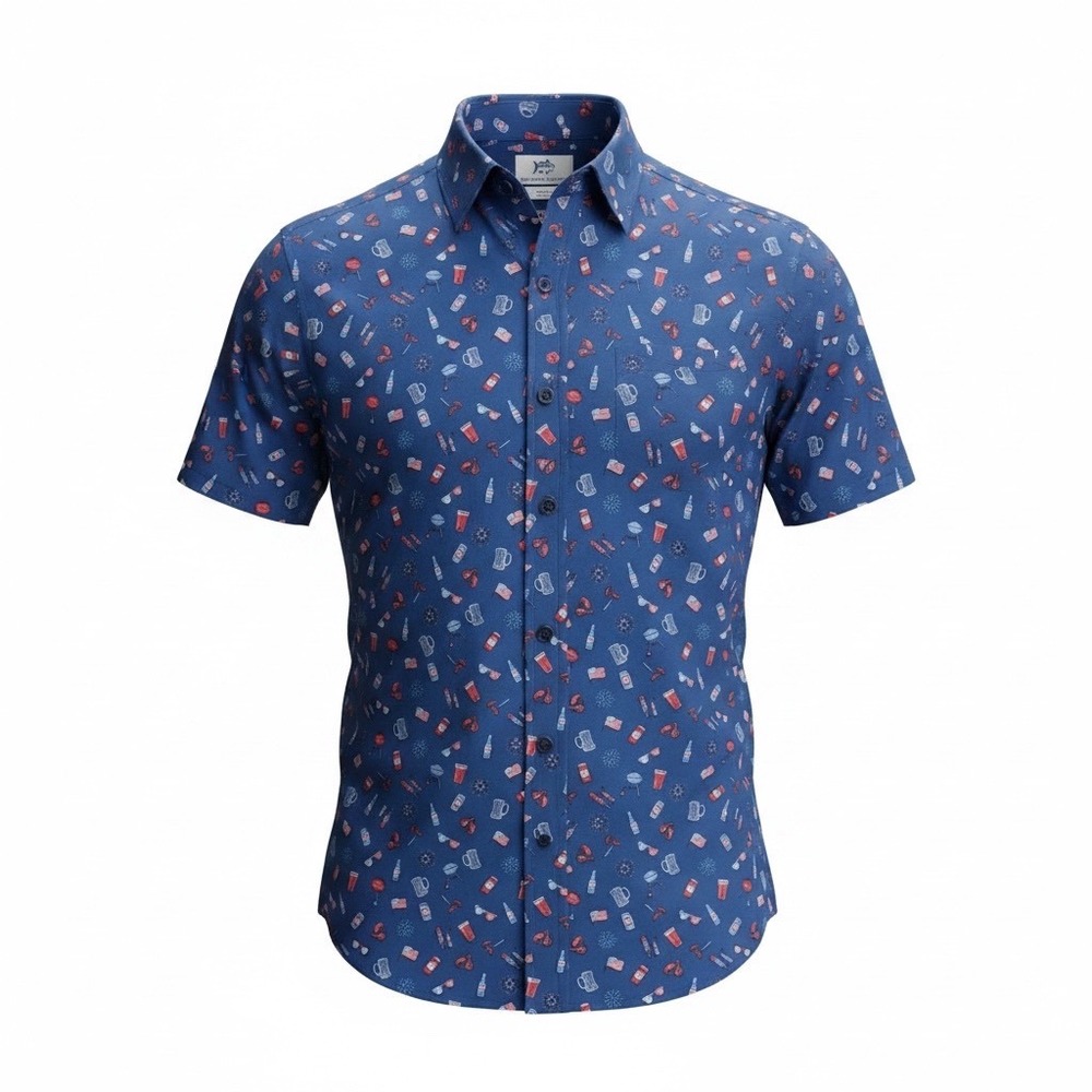 Southern Tide Intercoastal Men Small Blue 4th of July BBQ Short Sleeve Shirt NWT